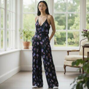 Anthropologie Moulinette Soeurs Willa Floral Jumpsuit Size S Black Wide Leg Tie